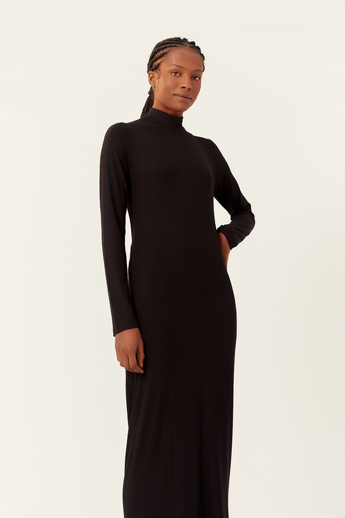 RIBBED DRESS WITH TWISTED BACK AND TURTLENECK