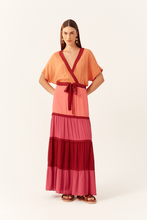 LONG CREPE DRESS WITH COLOR MIX