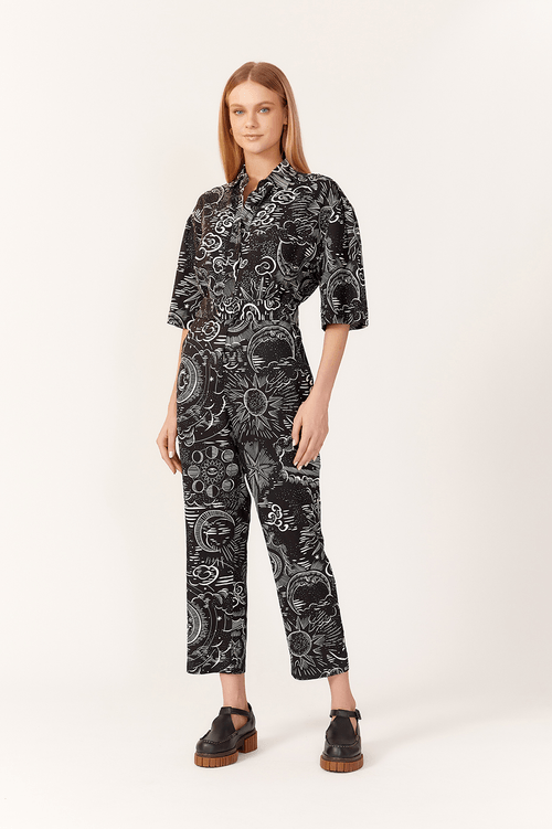 LINEN JUMPSUIT WITH CELESTIAL PRINT