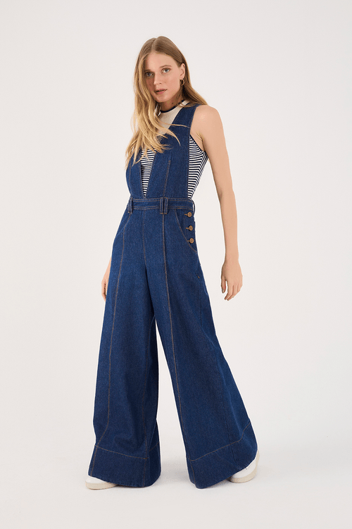 Pleated Jeans Dungarees with Buttons