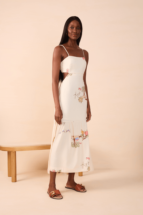 Linen Midi Dress with Scene Print