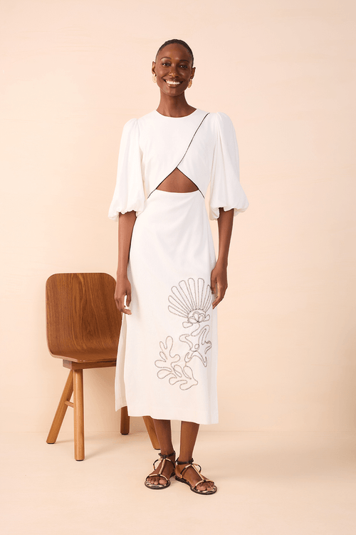 Shell Embroidered Linen Cropped Dress