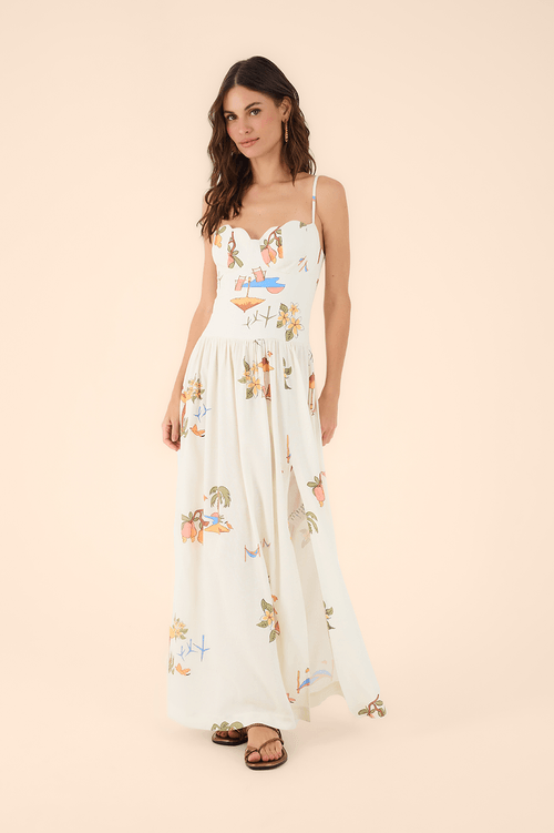 Linen Cropped Dress with Scene Print