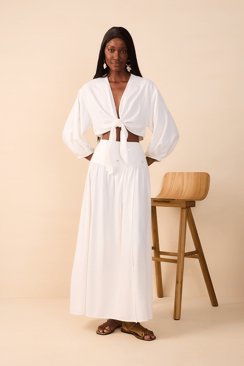 Cropped Linen Skirt with Sequin Embroidery