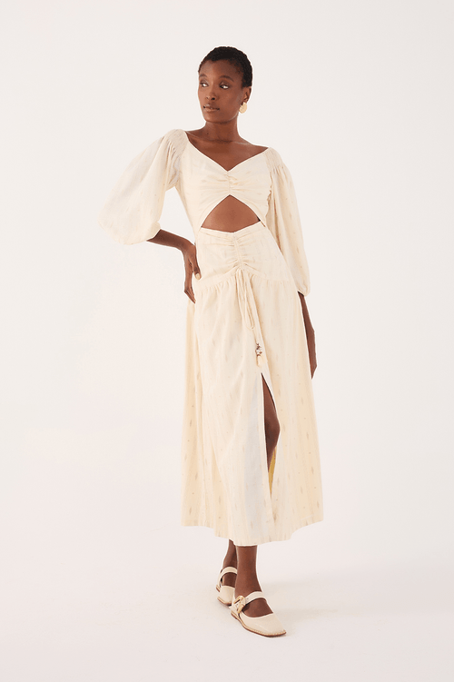 Linen Cropped Dress with Embroidered Paths