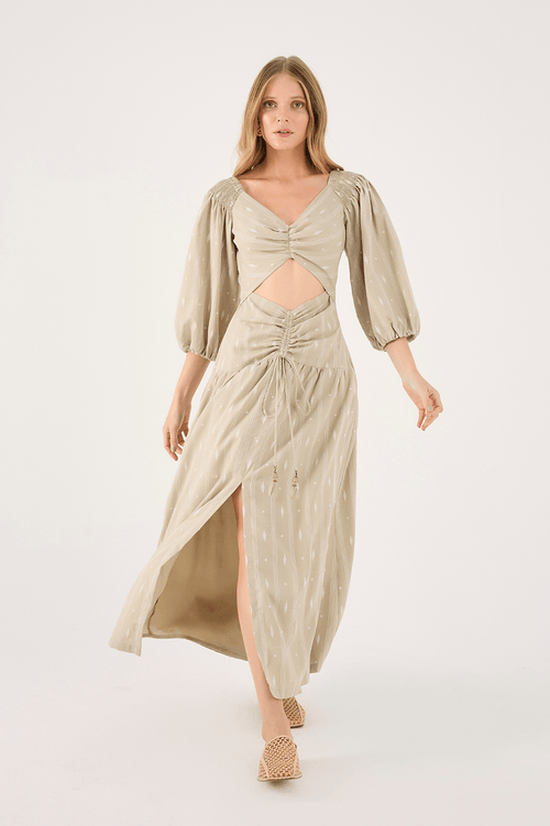 Linen Cropped Dress with Embroidered Paths