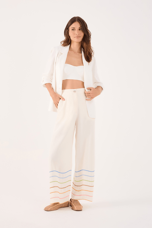 Linen Trousers with Colorful Waves Embroidery