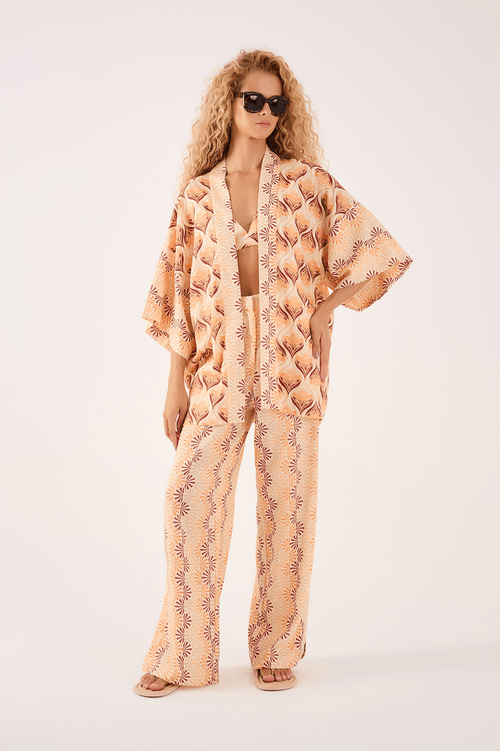Kimono With Linen Top Light Mix Print