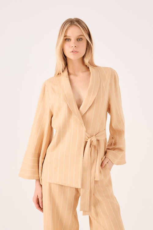 Striped Linen Wrap Blazer