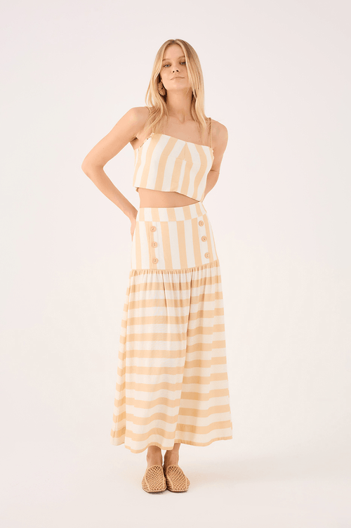 Linen Midi Skirt with Horizon Print