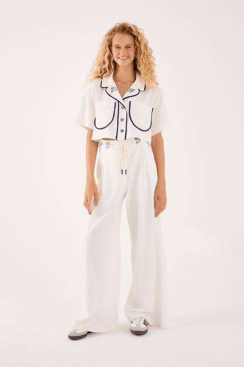 Embroidered Linen Trousers with Painted Edges