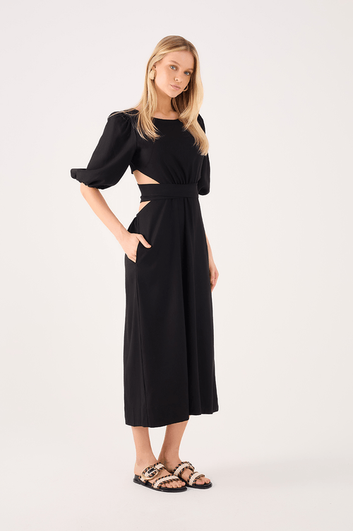 Linen Midi Dress with Cutouts and Ties