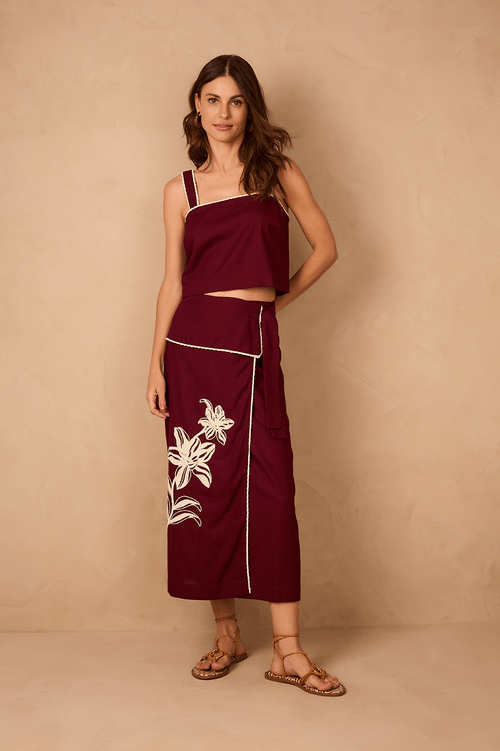 Linen Midi Skirt with Flower Embroidery
