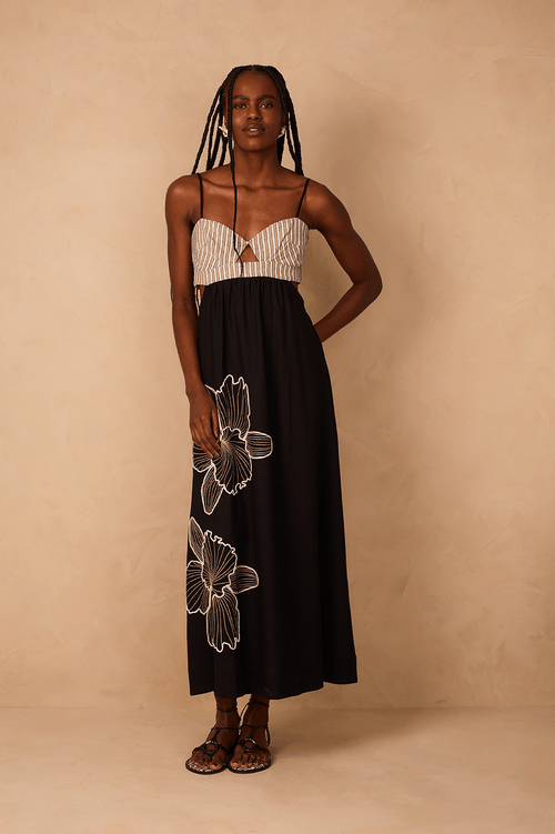 Embroidered Linen Dress with Striped Bust