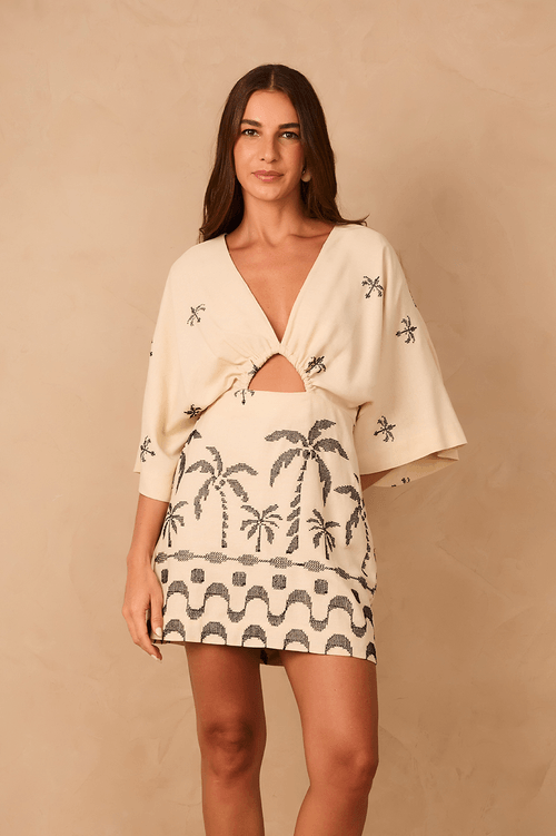 Short Linen Dress with Embroidered Edge