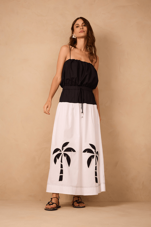 Cotton Midi Skirt with Coconut Trees Embroidery