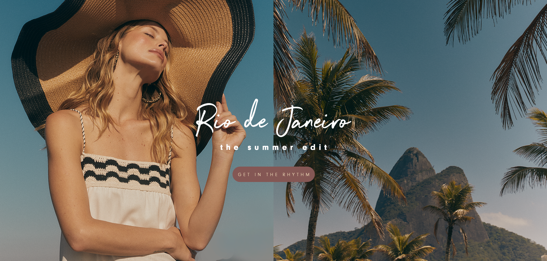Summer fashion in Rio de Janeiro – model in a white crochet-trim dress and wide-brim straw hat under tropical sunlight. Text overlay ‘Rio de Janeiro – the summer edit’. Shop the collection.
