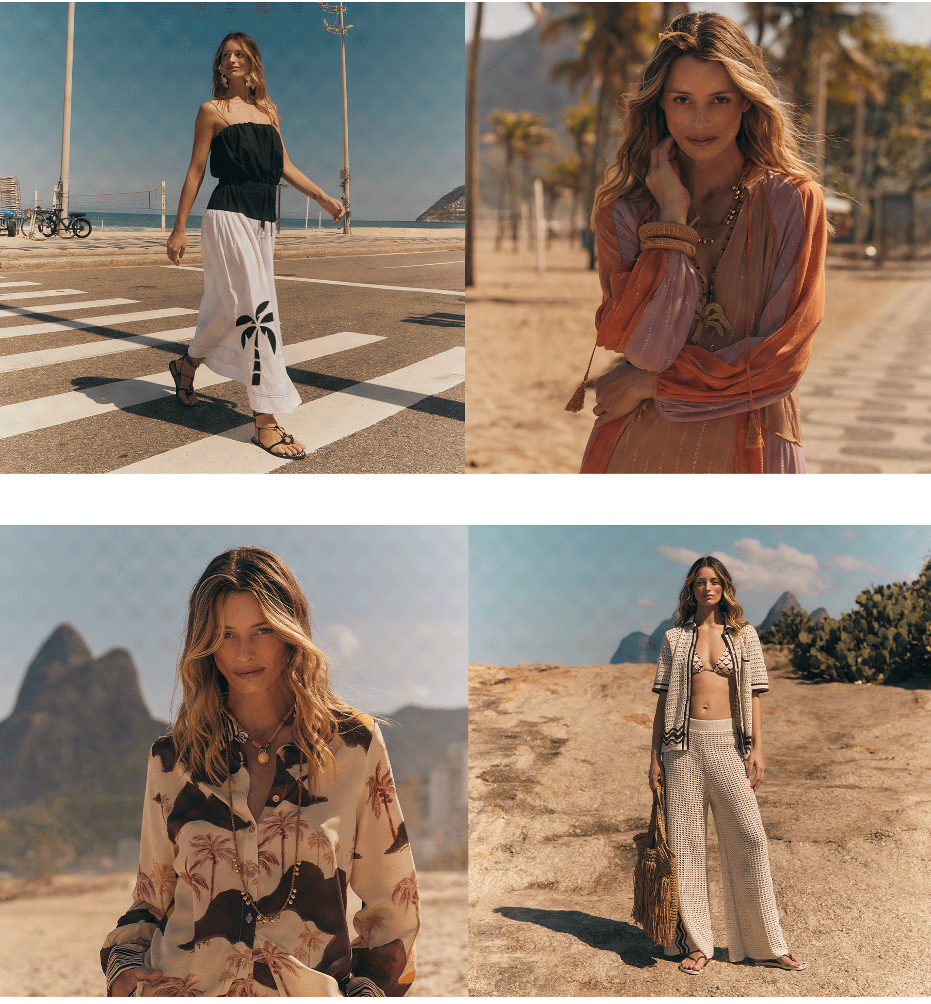 On the left, a model poses against Rio’s iconic mountains wearing a button-up shirt with a palm tree print in earthy tones, accessorized with layered gold necklaces. On the right, she stands on sunlit rocks in a crochet ensemble of wide pants and an open short-sleeve shirt over a bikini top, holding a fringed straw bag. The scene highlights the relaxed, sun-drenched essence of Dress To’s Rio de Janeiro Winter Collection.