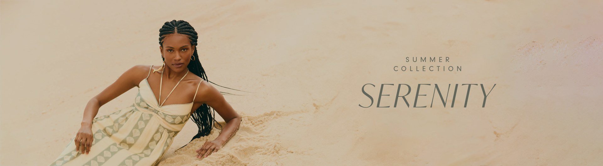 Model wearing a tropical print outfit from the 'Tropical' special collection. Minimalist beige background with the text: 'Special Collection Tropical' and 'Taking Rio’s lifestyle around the world'.