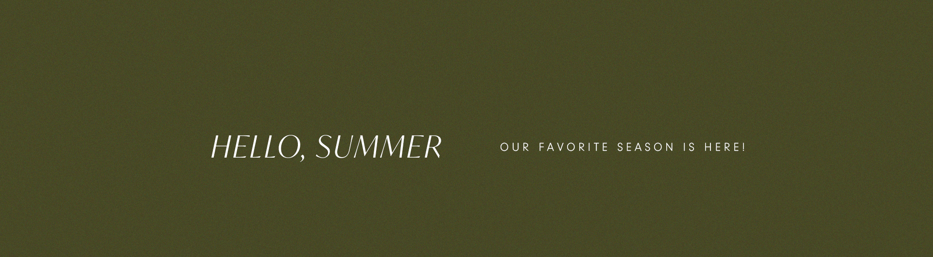 Green banner with the text 'HELLO, SUMMER' in elegant white font on the left and 'OUR FAVORITE SEASON IS HERE!' on the right.