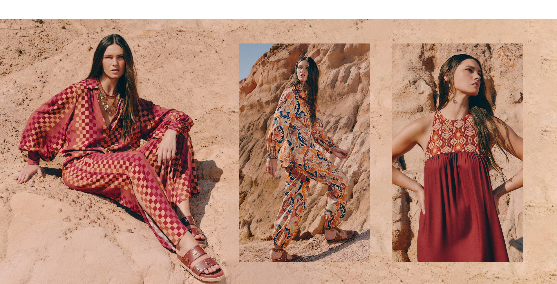 3 brunette models in a campaign banner for the Dress To winter collection. The models are wearing, respectively, a shirt and pants set, a printed denim set, and a red dress.