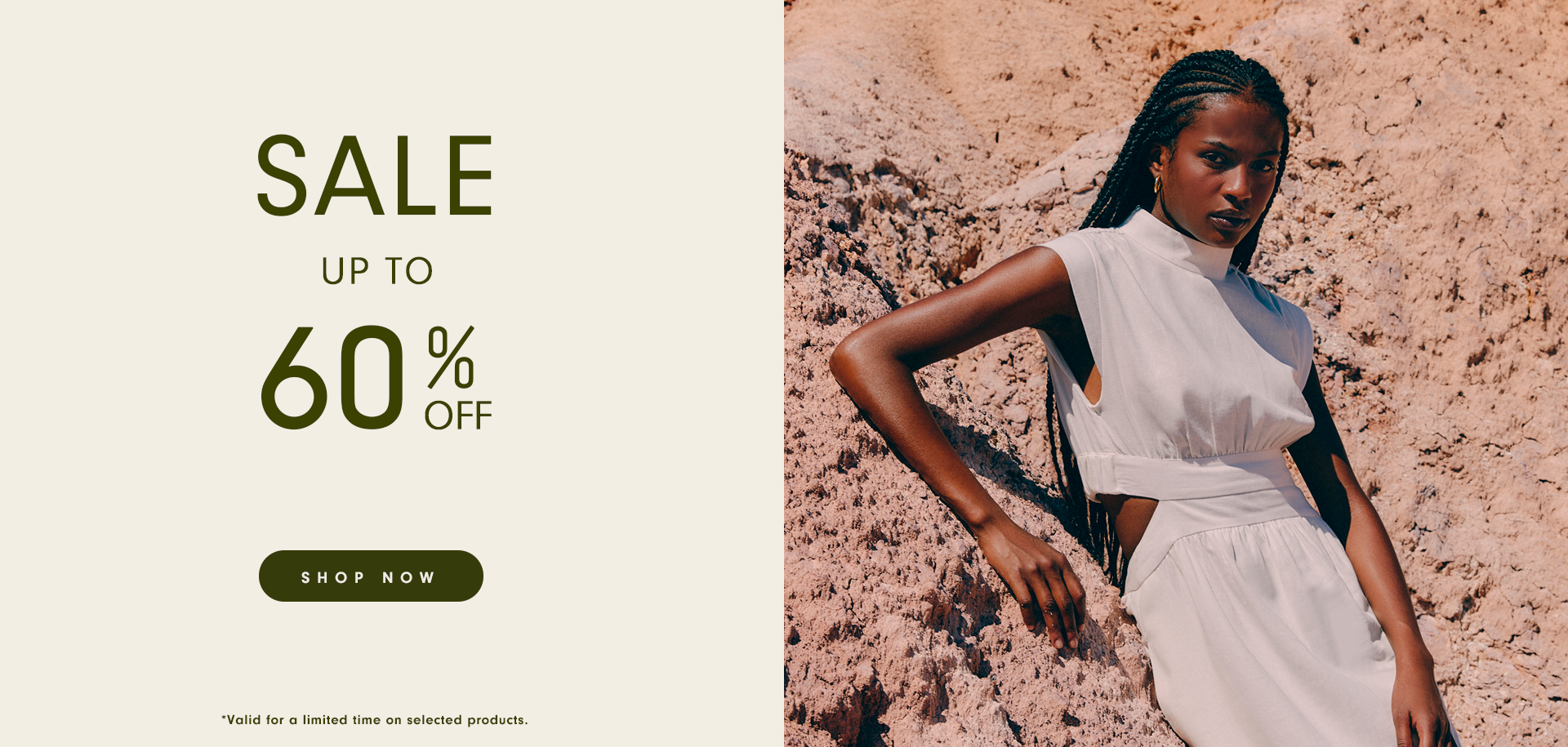 Promotional banner with a light background and the text: 'SALE – up to 60% OFF'. On the right side, a Black woman with braids poses against a rocky landscape, wearing a stylish white dress. Button reads 'Shop Now'.
