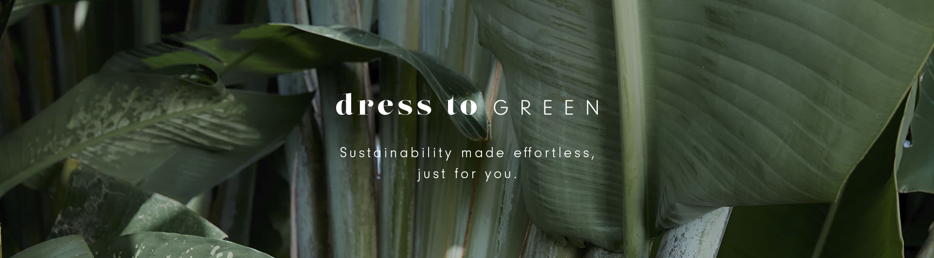 Banner with green tropical leaves in the background and the text 'dress to GREEN' in white. Below, a subtitle reads: 'Sustainability made effortless, just for you.' The design emphasizes a natural and eco-friendly aesthetic.