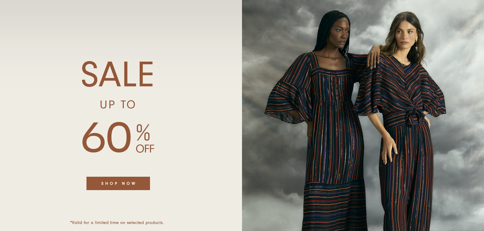 Fashion sale banner featuring two models in elegant striped outfits against a cloudy backdrop. The left side displays promotional text: 'SALE - UP TO 50% OFF' with a 'SHOP NOW' button. A disclaimer at the bottom mentions that the offer is valid for a limited time on selected products.